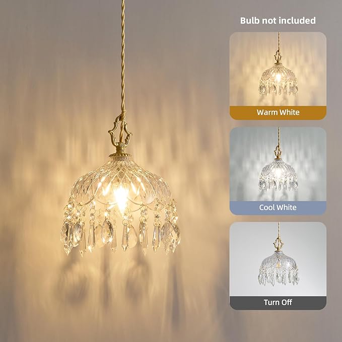 Vintage Small Crystal Pendant Light - Brass Gold Clear Glass Mini Adjustable Hanging Kitchen Island Chandelier - Unique Flower Art Deco for Bathroom Bar Bedroom Dining Room Hallway Closet Sink Over