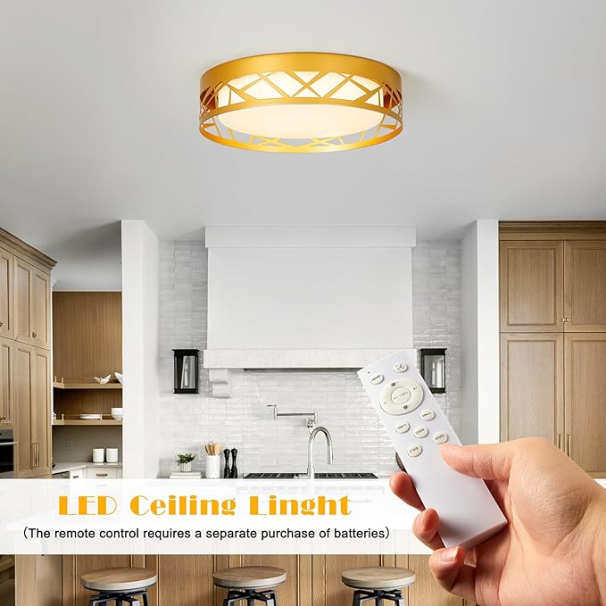 Modern Dimmable LED Flush Mount Ceiling Light with Remote, 2400LM 2700K-6500K Adjustable 12 Inch Bedroom Ceiling light with Night Light for Kitchen Hallway Bathroom Living Room (Gold, Vertical)