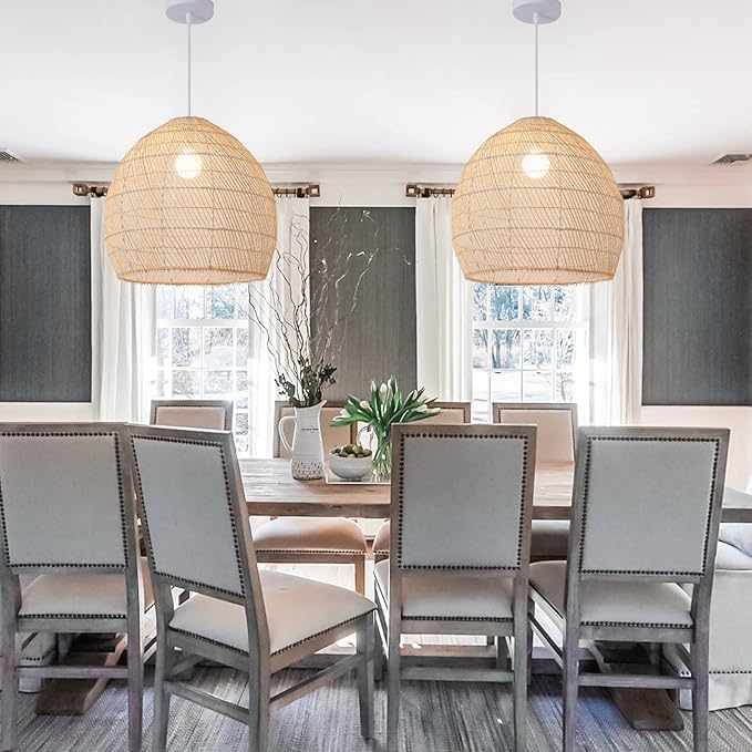 1-Light Rattan Pendant Light,13.78" Hand-Woven Bamboo Rattan Hanging Light Wicker Chandelier for Kitchen Island Restaurant Craft Room Farmhouse