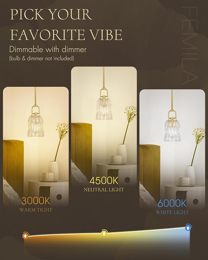 FEMILA 3 Pack Gold Pendant Light, 5" Modern Chandeliers for Dining Room Kitchen Hotel, E26 Base, 4FH83MIL-3PK BG