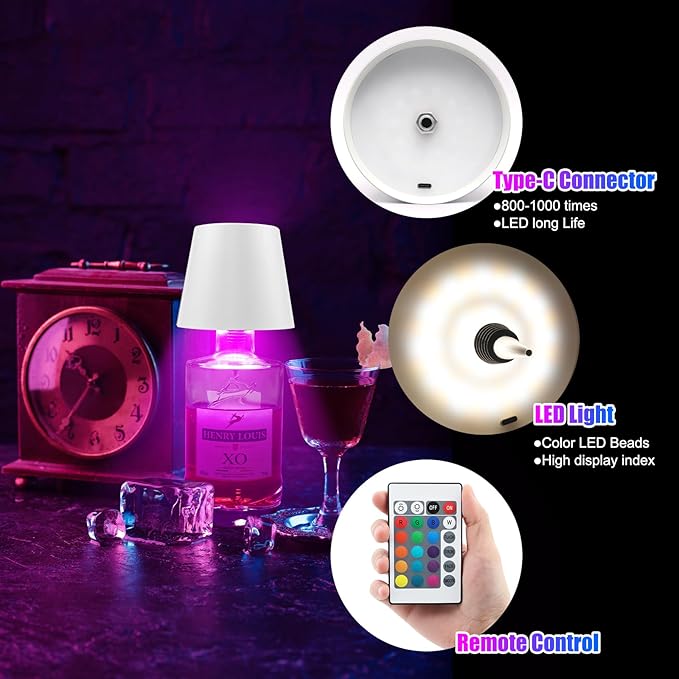 Wireless Bottle Lamp with Remote Control, Rechargeable RGB Wine Bottle with 3Modes Light Dimming, Waterproof Touch Lamp Head for Room, Bar, Restaurant and Party Decorations(RGB White)