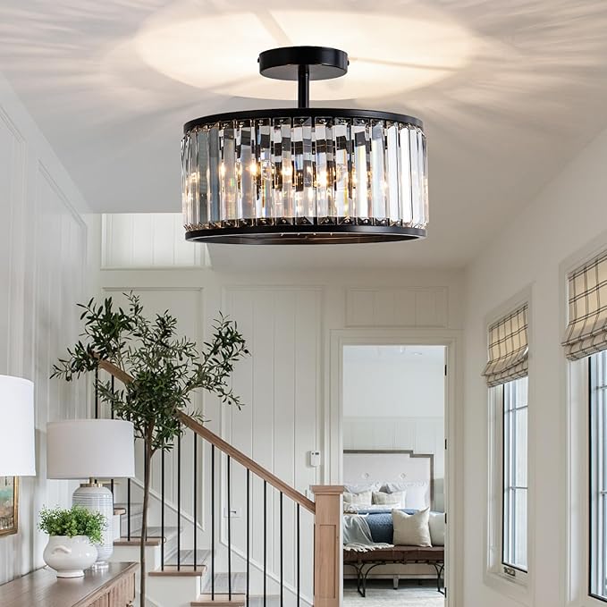 Black Crystal Ceiling Light Fixture,3 light crystal Semi Flush Mount Ceiling Lighting Fixture,Round Small kitchen ceiling light for Hallway, Entryway, Laundry Room, Kitchen, Bedroom, Foyer, Bathroom