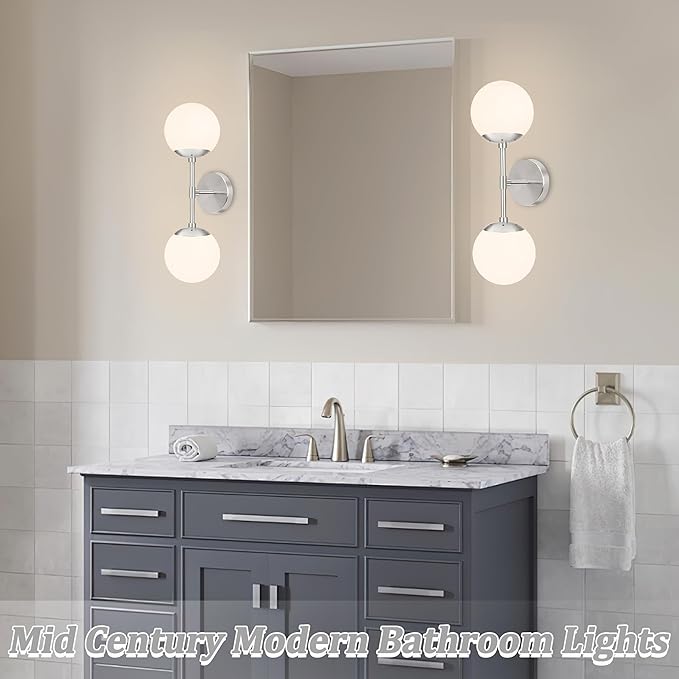 KoKo&Yukina Nickel 2 Pack Vanity Light Fixtures Mid Century Modern Bathroom Vanity Light Globe Sconce with Milky White Glass for Bathroom Bedroom