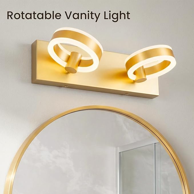LED Bathroom Light Fixtures,15inch Gold Vanity Lights, Modern 2 Light Acrylic Wall Sconces, 350° Rotatable Wall Lighting Fixture Over Mirror