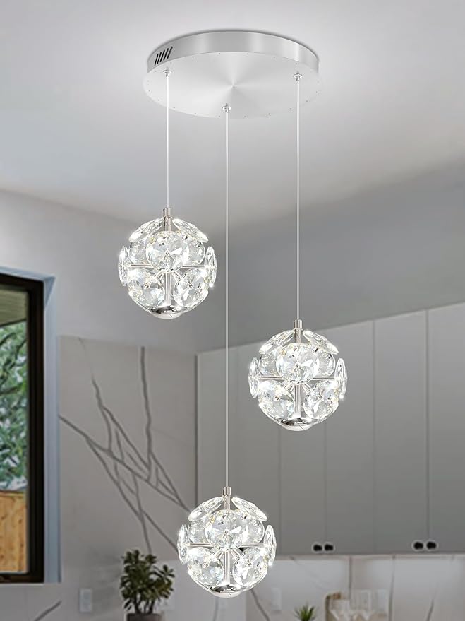 ykolupty Silver Dining Room Chandelier Light Fixture 3-Light Crystal Globe Pendant Lighting Modern Kitchen Island Cluster Hanging Pendant Lights LED Dimmable 2700-6000K
