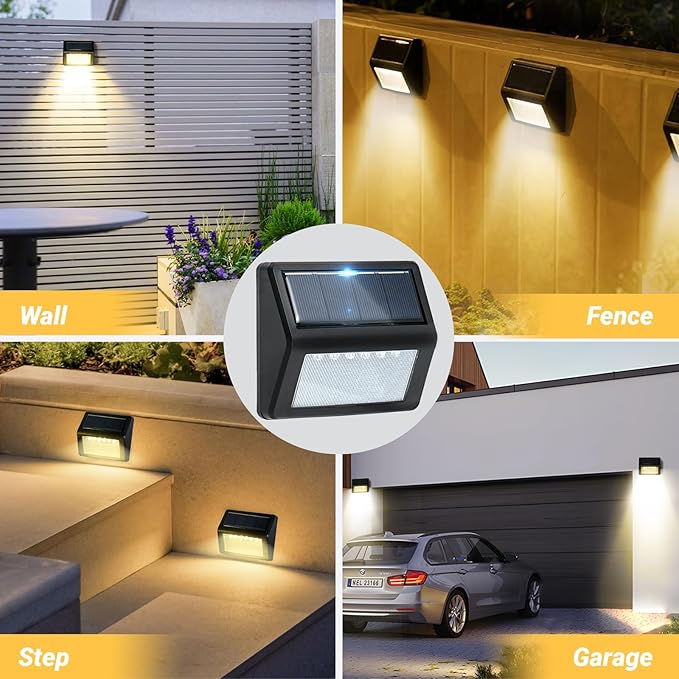 Bright Solar Fence Lights, 6 Pack Outdoor Step Lights, IP65 Waterproof, 3000K Warm-White, Dusk to Dawn Outdoor Lighting with 6 LED for Wall, Garage, Patio, Exterior, Porch