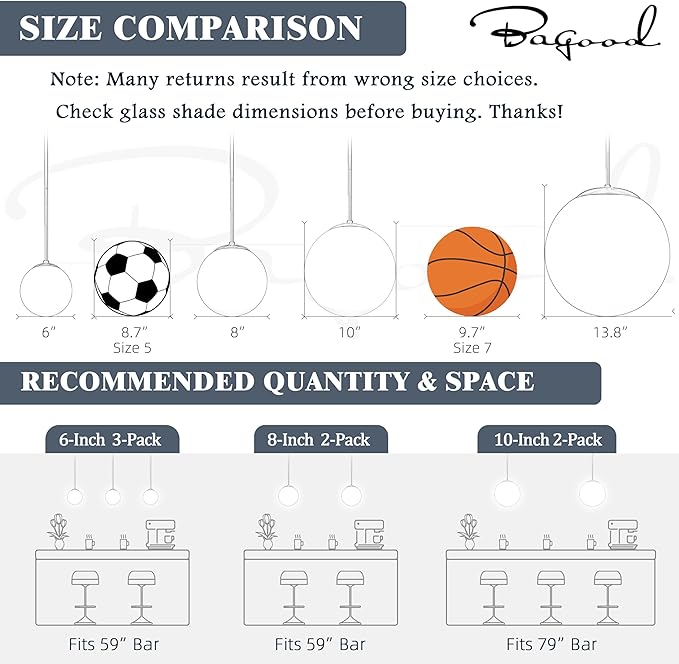 Bagood 6 Inch Globe Pendant Light Nickel Globe Pendant Lights Kitchen Island Mid Century Light Fixture with Milky White Glass Contemporary Adjustable Hanging Lights for Dining Room (Bulb Included)
