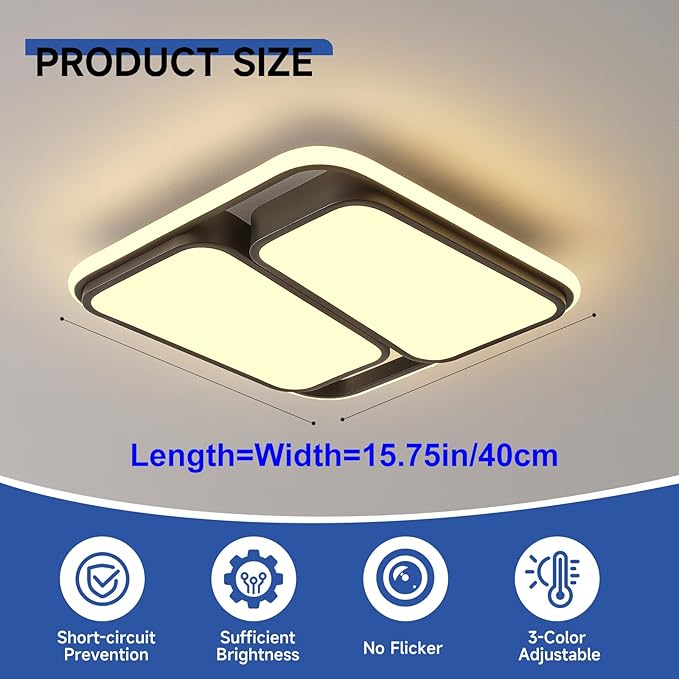 Modern LED Ceiling Light Fixture, 15.7 inch Dimmable Black Square Flush Mount Ceiling Lights with Remote, Bedroom Ceiling Lamp LED Chandelier for Kitchen Hallway Laundry Living Room, 60W