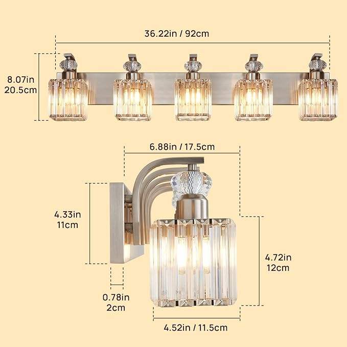 Modern Bathroom Vanity Light, 5-Light Nickel Bathroom Lighting Fixtures Over Mirror, 36.3" Crystal Wall Light Sconce for Bathroom/Bedroom/Vanity, Includes LED Bulbs, Easy Installation