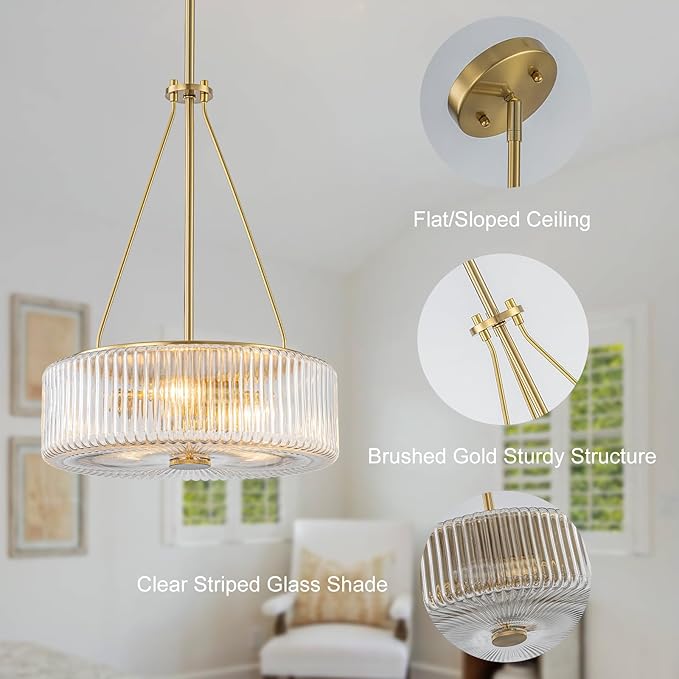 13.9 inch Gold Pendant Lights Kitchen Island,Mid-Century Modern Chandelier with Clear Striped Glass Shades,3-Light Round Dining Room Light Fixture for Living Room,Bedroom,Kitchen,Hallway,Bathroom