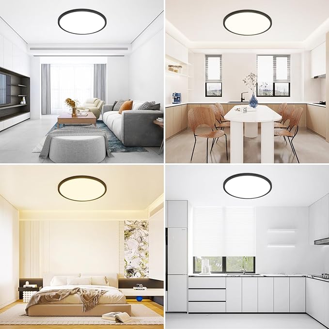 Modern 12'' Led Ceiling Light Fixture, Ultra Thin Flush Mount, Dimmable & 3000K/4500K/6000K Selectable, 22W 2200LM, Black, for Bedroom, Kitchen, Dining Room, Living Room, Home Office, Hallway
