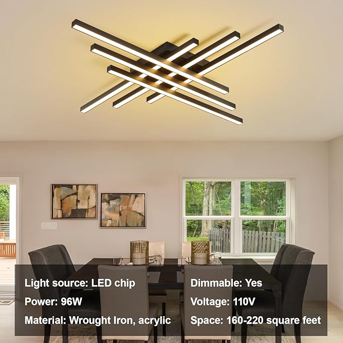 JAYMP 43.3" Modern Ceiling Light with Remote, Black Sputnik Ceiling Lamp, 96W Dimmable LED Lighting Fixture for Dining Room, Living Room, Kitchen Island, 6 Lights