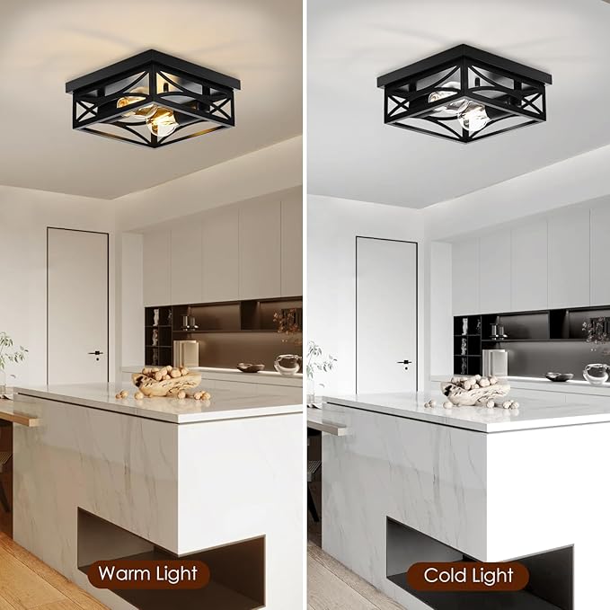 Ceiling Light, Farmhouse Flush Mount Ceiling Light, 2-Light Light fixtures Ceiling Mount, Modern Square Black Light Fixture, Kitchen Lighting Fixtures Ceiling,Bedroom,Balcony