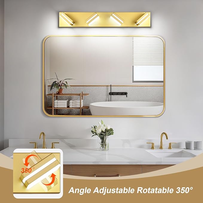 Modern LED Bathroom Lights Fixtures 4-Light,Metal Gold Acrylic Wall Lighting,Vanity Lights for Bathroom Over Mirror 6000k 27in