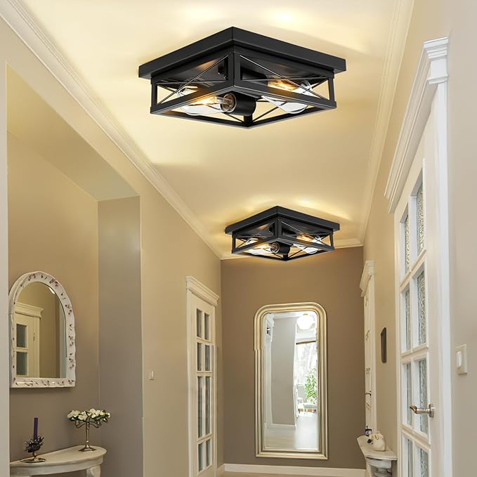 Black Flush Mount Ceiling Light 2 Pack Industrial Fixtures 2-Light Farmhouse Vintage Metal-Framed Ceiling Light for Hallway Foyer Kitchen Bedroom Living Room Laundry