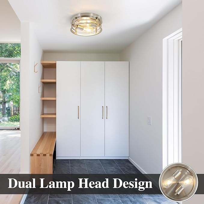 2-Light Round Flush Mount Ceiling Light, Farmhouse Brushed Nickel Metal Cage Close to Ceiling Light Fixture, 11inch E26 Base Semi Ceiling Mount Lamp, Modern Pendant Lighting for Porch 2 Pack