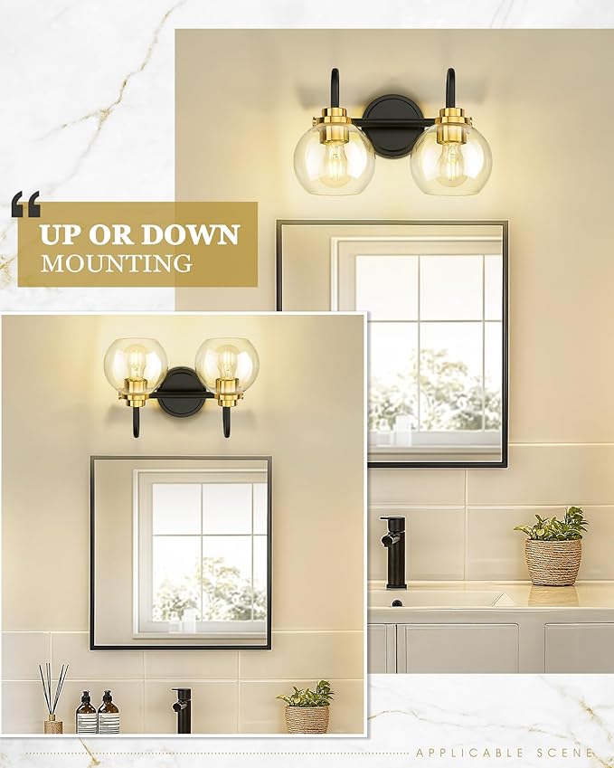 Bathroom Light Fixtures, 2-Light Black and Gold Vanity Lights with Globe Clear Glass, Modern Vanity Lighting Fixtures Over Mirror, AD-22280-2W-KG