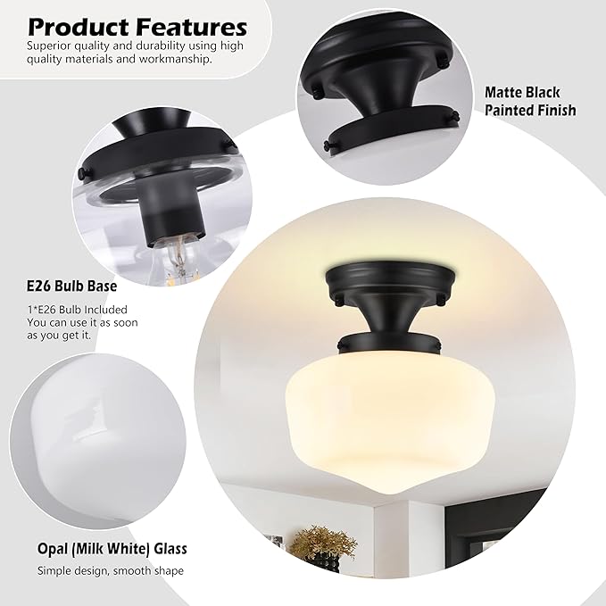 Black Schoolhouse Light Fixture 8" Mid Century Light Fixture Schoolhouse Light Fixtures Ceiling Milk Glass Light Fixtures Semi Flush Mount Ceiling Light for Bathroom (Bulb Incl.)