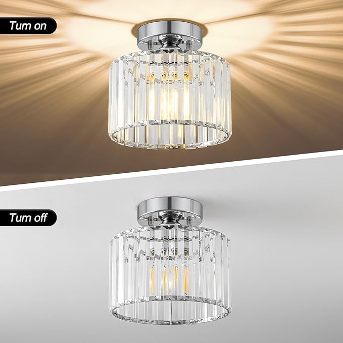 Crystal Chrome Semi Flush Mount Ceiling Light Modern Hallway Light Fixture Metal Close to Lamp for Entryway Bathroom (8.66 inch)