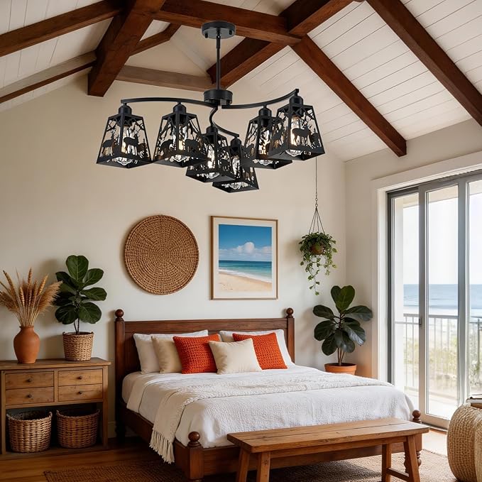 Rustic Semi-Flush Mount Ceiling Light Fixture,6-Light Adjustable Height with Rotation Arm Black Fixtures for Kitchen, Hallway, Living Room, Industrial Style with Deer, Bear, Tree Design
