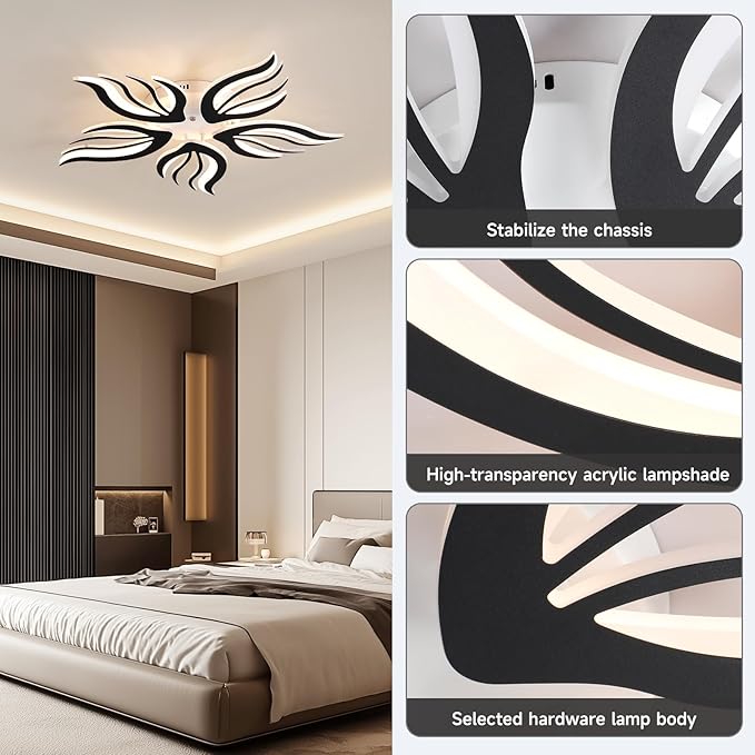 Becailyer 29.5" Flower Shaped Ceiling Light, Dimmable Modern LED Ceiling Lights with Remote Control, 5-Petals Flush Mount Ceiling Lamp for Living Room Bedroom Dining Room, Black