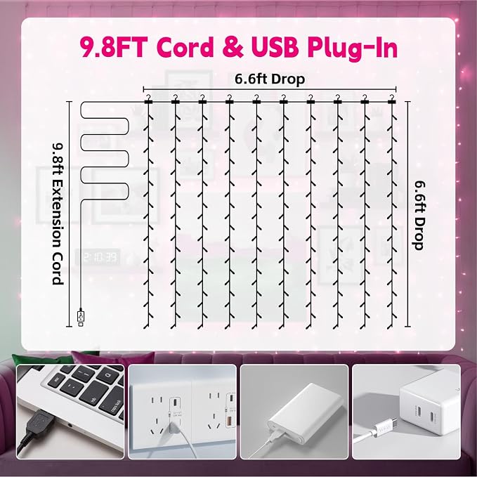 Curtain Light for Bedroom, 200LED 6.6x6.6ft Pink Window Wall Hanging Fairy Curtain String Light, 8 Modes Remote Fairy String Lights Indoor for Wedding Party Home Garden Decorations