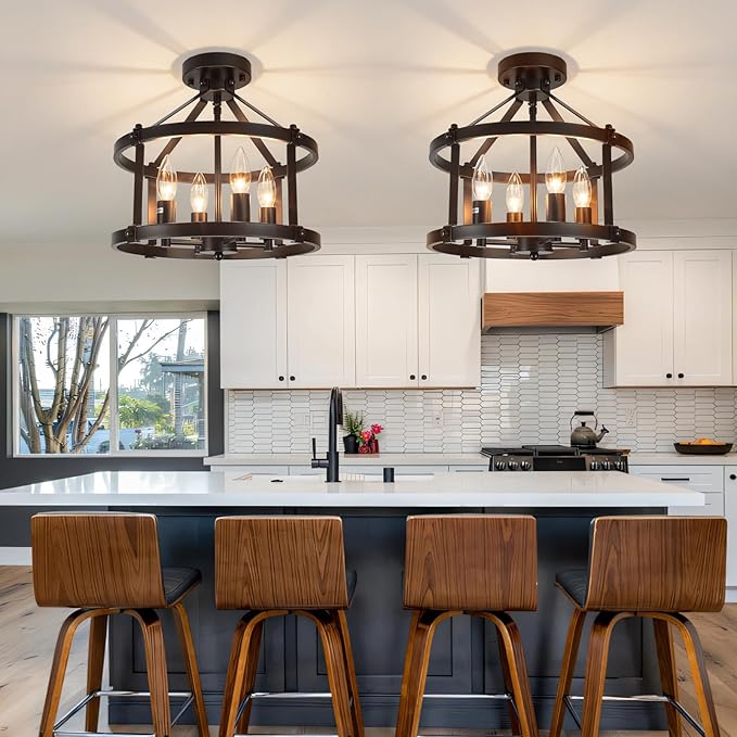 13.5 Inch Black Farmhouse Semi Flush Mount Ceiling Light Fixture,4-Light Rustic Ceiling Mount Lights, Industrial Flush Mount Ceiling Lighting for Kitchen Bedroom Hallway Dining Room Laundry Room