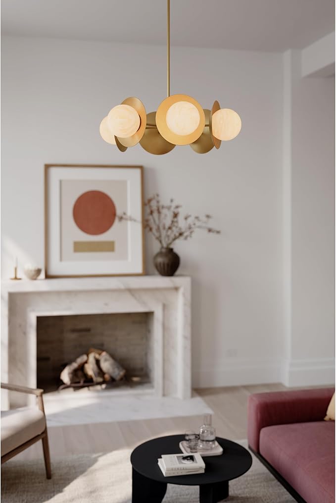 Minka-Lavery 10386-732 Olenne 28" 6-Light Pendant - Legacy Brass with Etched Amber Swirl Glass