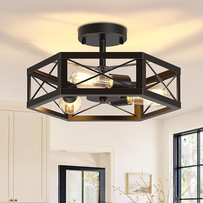3-Light Kitchen Lighting Fixtures Ceiling Mount, Black Semi Flush Mount Ceiling Light for Dining Room Light Fixture, Farmhouse Close to Ceiling Lights with Hexagon Cage for Bedroom Hallway