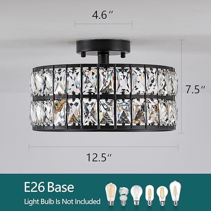 Modern Semi Flush Mount Ceiling Light, Black Ceiling Light Fixtures, 11.8inch 3-Light Crystal Chandelier for Bedroom, Hallway Light Fixture Ceiling Mount for Kitchen
