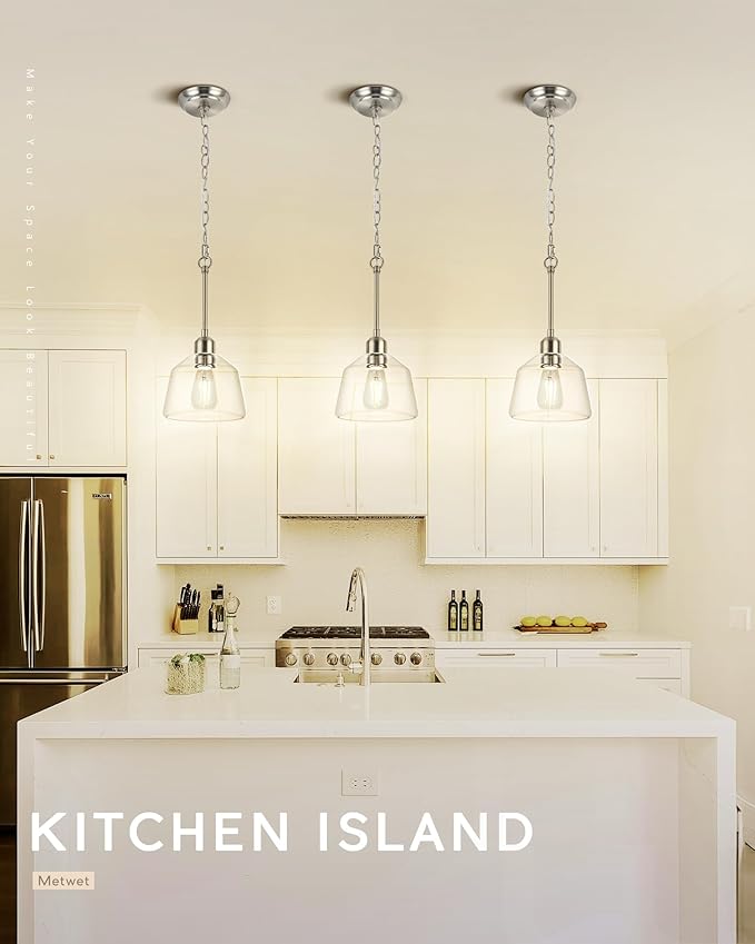 2-Pack Pendant Lights Kitchen Island, 7.5" Hanging Light Fixture with Clear Glass Shade and Adjustable Chain, Farmhouse Kitchen Island Lighting for Dining Room, Brushed Nickel, PL187-BN-2PK