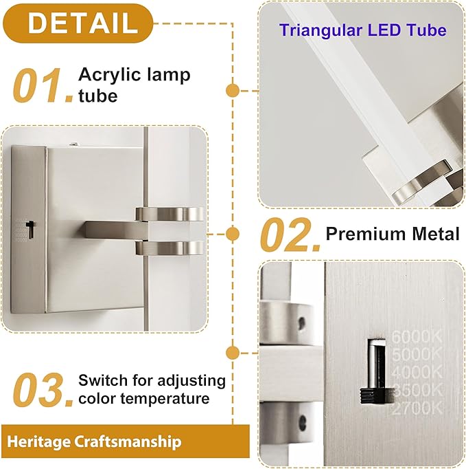 Bathroom Light Fixtures, Brushed Nickel 28W LED 360° Full Lighting Modern Wall Sconce Vanity Light with 5-Color Dimmable 3000K-6000K, 29.92inch Vanity Lighting for Bath, Bedroom, Hallway