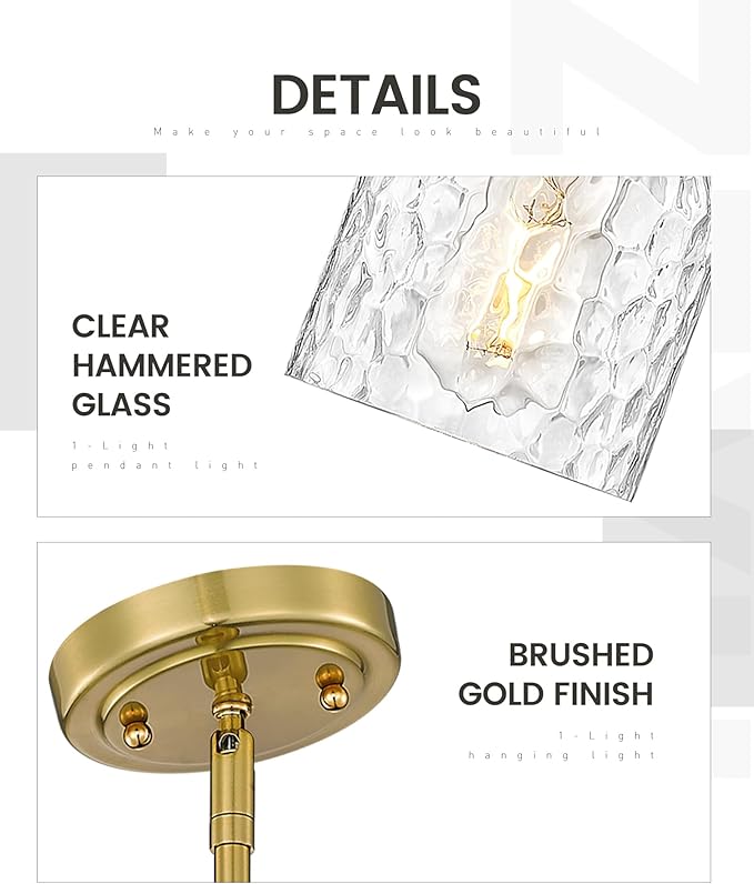 zeyu Modern 1 Light Hanging Lamp, Hanging Lighting Fixture Set of 2, Gold Pendant Light with Clear Hammered Glass, Brushed Gold Finish, ZJF63MIL-2PK BG