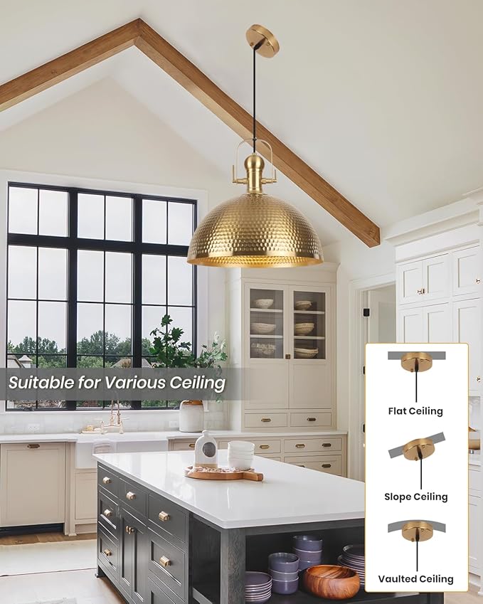15.7 Inch Gold Pendant Light 2 Pack, Hammered Industrial Pendant Lights，Fixtures Adjustable Height Dome Pendant Light for Dining Room Bedroom Bar