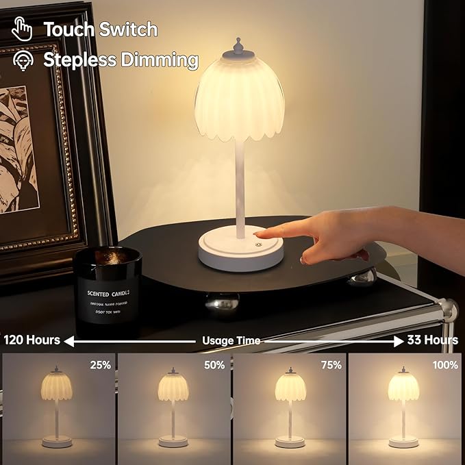 Shenmoyl Tulip Table Lamp with 5200mAh Battery & Touch Control, Cordless Small Table Lamp with 3 Colors, Dimmable Rechargeable Table Lamps for Living Room, Bedroom, Bedside (White Tulip & White Base)