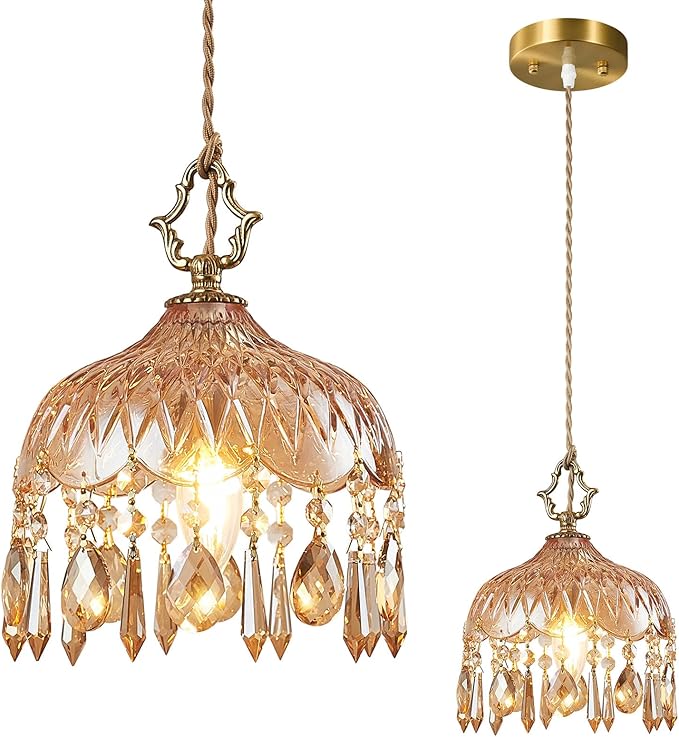 Brass Vintage Glass Pendant Light Crystal Hanging Light Fixtures,Adjustable Height Amber Glass Pendant Lights for Kitchen Island Dining Room Living Room Bedroom Hallway(Amber,1-Pack)