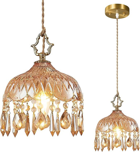 Brass Vintage Glass Pendant Light Crystal Hanging Light Fixtures,Adjustable Height Amber Glass Pendant Lights for Kitchen Island Dining Room Living Room Bedroom Hallway(Amber,1-Pack)