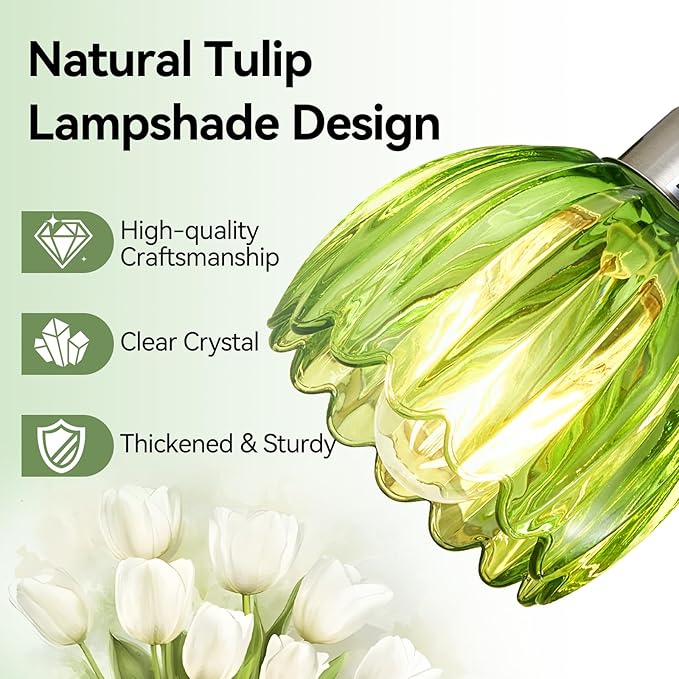 3-Light Vanity Lights with Green Tulip Glass Shade, Brushed Nickel Bathroom Lighting Fixture Over Mirror, Vintage Vanity Wall Sconce Lamp for Kitchen Living Room Hallway