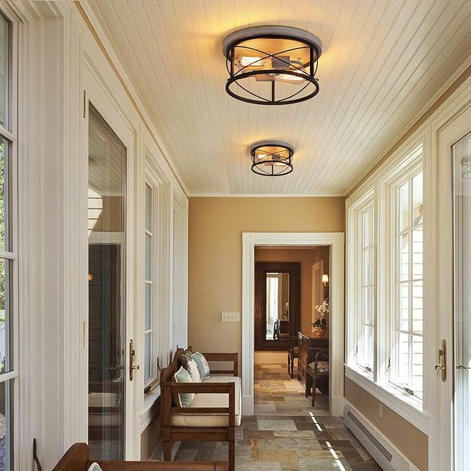 Q&S Flush Mount Ceiling Light Fixture Farmhouse Rustic Oak White and ORB Lighting for Hallway Entryway Kitchen Dining Room Bedroom Garage Gazebo Locker 2 Lights UL Listed
