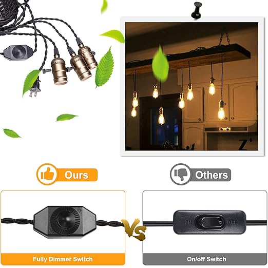 Vintage Pendant Light Kit Cord with Dimming Switch and Triple E26/E27 Industrial Light Socket Lamp Holder 25FT Twisted Black Cloth Bulb Cord Plug in Hanging Light Fixture