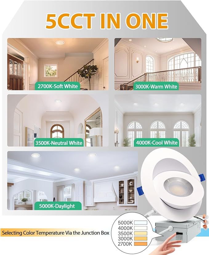 zouzai 6 inch 5CCT Gimbal Led Recessed Lights, 360°+90° Adjustable Directional Recessed Lighting, 2700K/3000K/3500K/4000K/5000K Dimmable Retrofit Eyeball Can Lights with Jbox, ETL(White, 1 Pack)