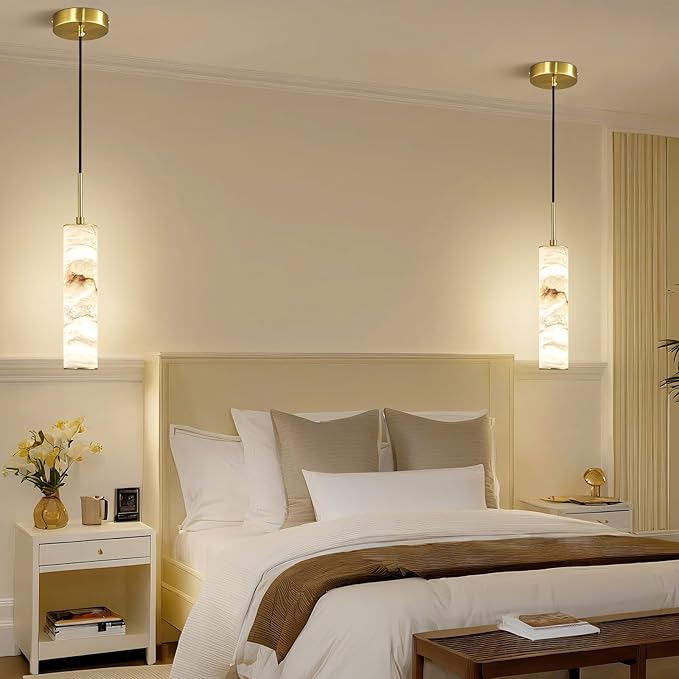 LMQNINE Natural Alabaster Pendant Lights for Kitchen Island White Marble Long Tube Chandelier Modern 4000K Gold Ceiling Light Fixtures for Bedroom Dining Room Table Living Room Hallway(S-2Pack)
