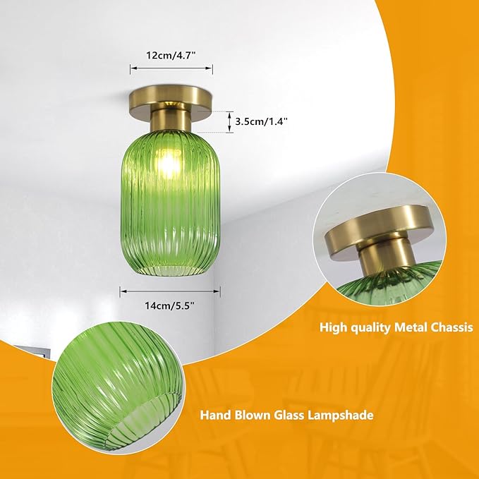 BOKT Globe Glass Ceiling Light Fixture Vintage Semi Flush Mount Ceiling Light Modern Classic Green Open Glass Shade Ceiling Hanging Light Fixtures for Bedroom Living Dining Room