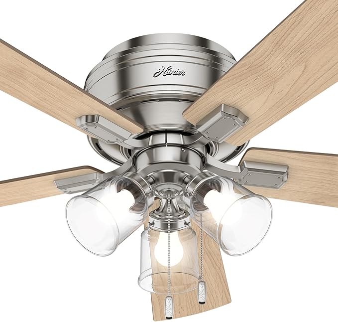 Hunter 52 inch Indoor Ceiling Fan with LED Lights and Pull Chain - Low Profile Mount Ceiling Fan, 5 Blades, For Bedroom, Living Room, or Kitchen, Quiet - Crestfield 54209, Brushed Nickel