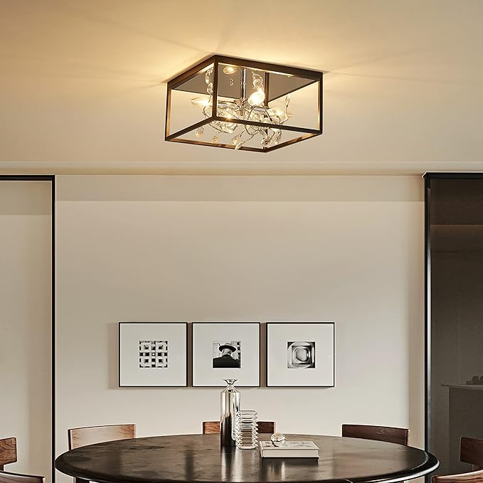 AGV LIGHTING CL044C Crystal Ceiling Light Fixture, Modern Flush Light, Perfect for Living Space, D12.5 x H8, E12 Base 3-Lights, Matte Black & Chrome Finish