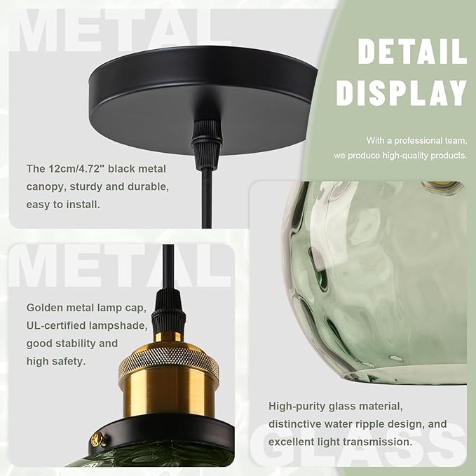 Modern Green Pendant Light, Hammered Glass Pendant Light Fixture Mid Century Globe Pendant Lights Vintage 1-Light Gold Hanging Pendant Lighting for Kitchen Island Dining Room Bedroom Bathroom