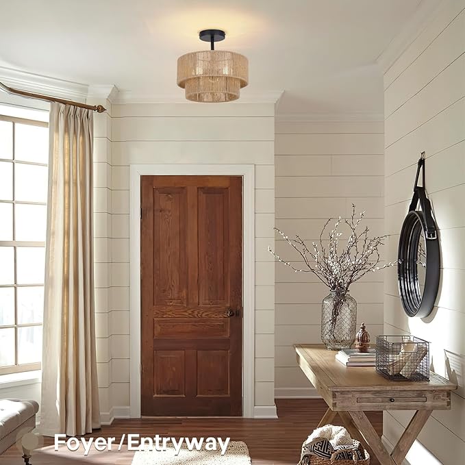 12.6'' Boho Light Fixtures Ceiling Mount, Coastal Hemp rope Semi Flush Mount Ceiling Light Fixture,3-Light Rustic Rattan Ceiling Light With 2-Tier Drum Shade, Nursery Light Fixture Bedroom Chandelier