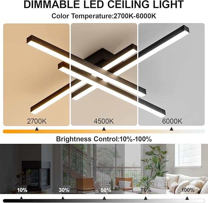 JAYMP 43.3" Modern Ceiling Light with Remote, Black Sputnik Ceiling Lamp, 64W Dimmable LED Lighting Fixture for Dining Room, Living Room, Kitchen Island, 4 Lights