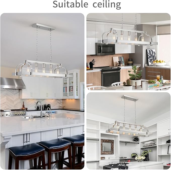 WUZUPS 5-Light Metal Pot Hanging Rack Chandelier Linear Pendant Ceiling Lighting Rustic Farmhouse Fixture Kitchen Island Dining Room, H 9.8" L 34.6" W11.8, E26 Base, Brushed Nickel