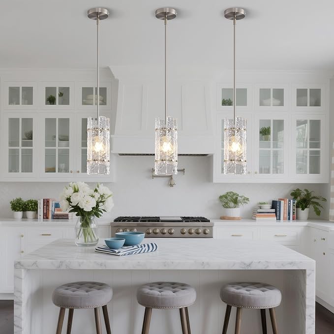 Brushed Nickel Glass Pendant Light for Kitchen Island, Luxury Mini Water Ripple Crystal Chandelier Fixture, Modern round Adjustable Hanging Pendant Lighting for Dining Room Bathroom Hallway (3-Pack)